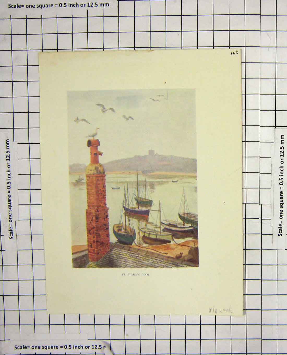 Original Old Antique Print Colour View St. Mary'S Pool Fishing Boats Birds 20th