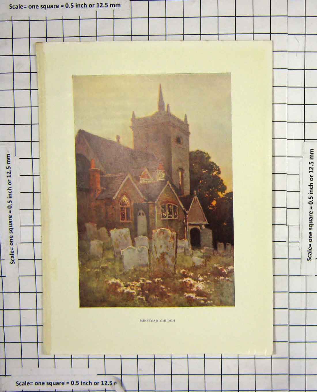 Original Old Antique Print Haslehust Colour Minstead Church Churchyard