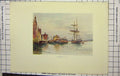 Original Old Antique Print Colour View Yarmouth Sailing Ships Houses