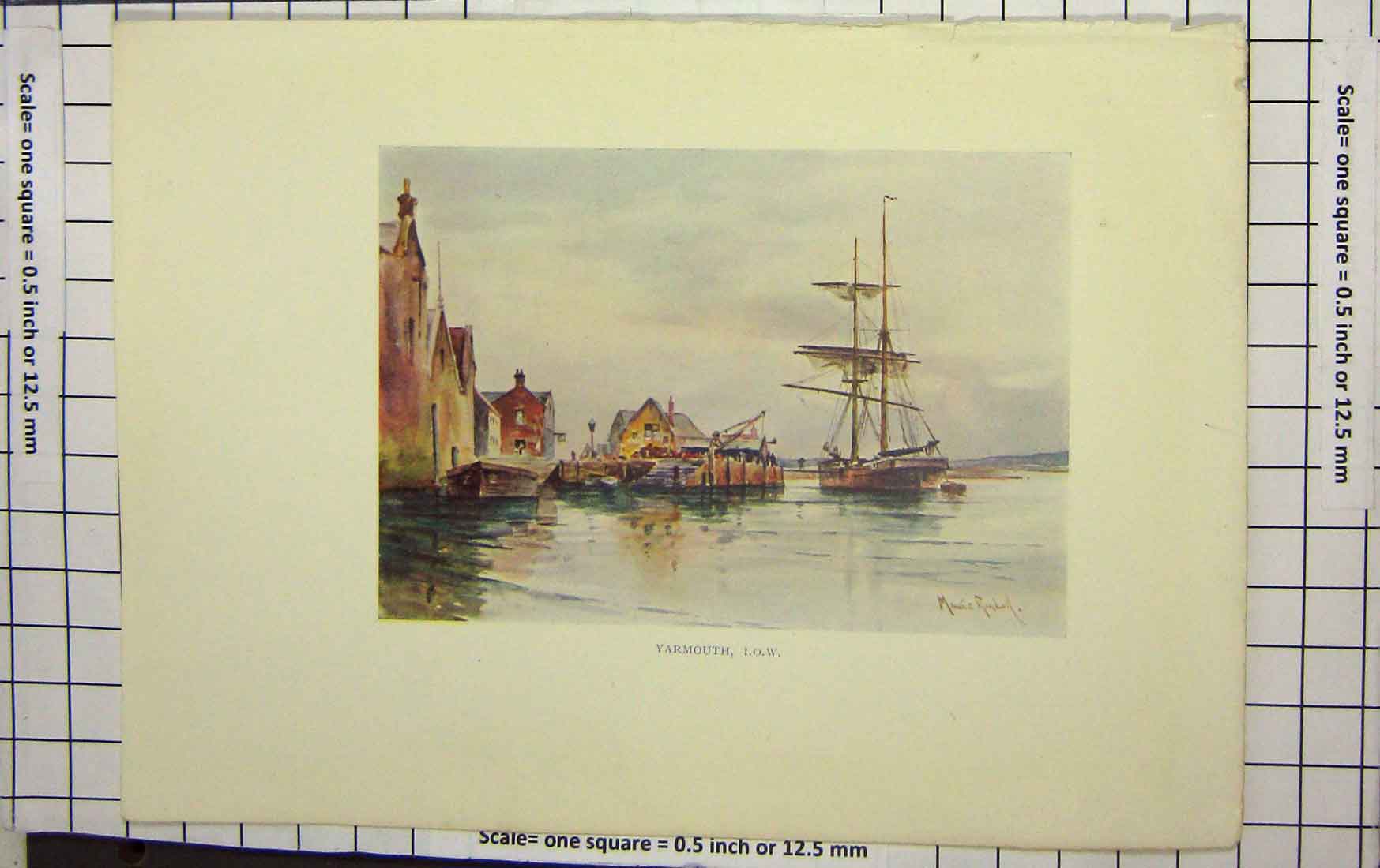 Original Old Antique Print Colour View Yarmouth Sailing Ships Houses