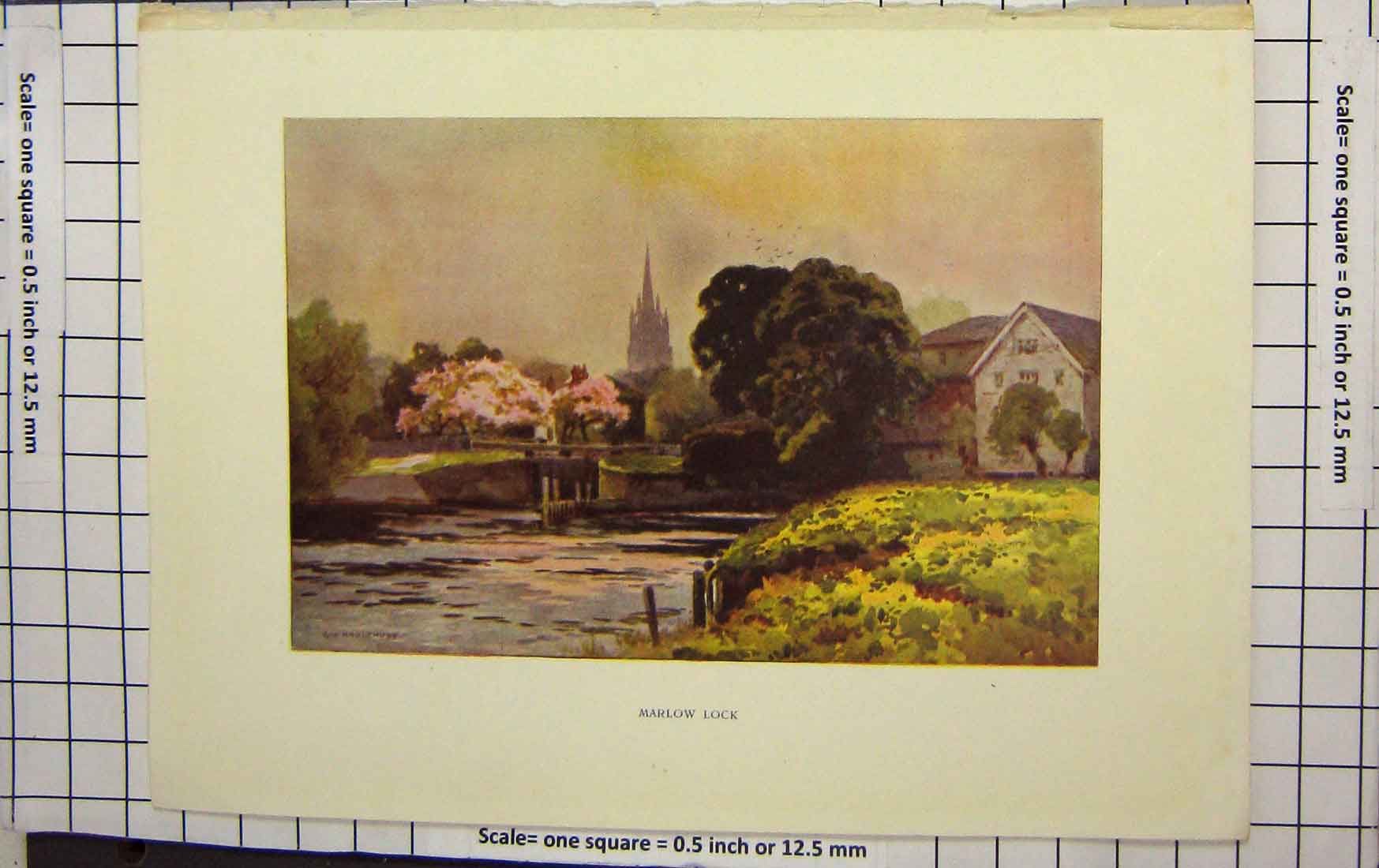 Original Old Antique Print Haslehust Colour View Marlow Lock River Church