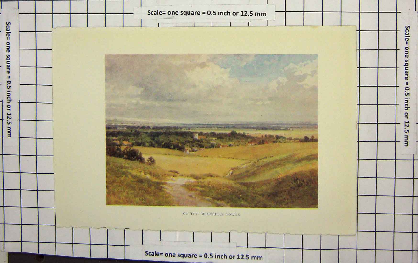 Original Old Antique Print Colour Scene Berkshire Downs England Church