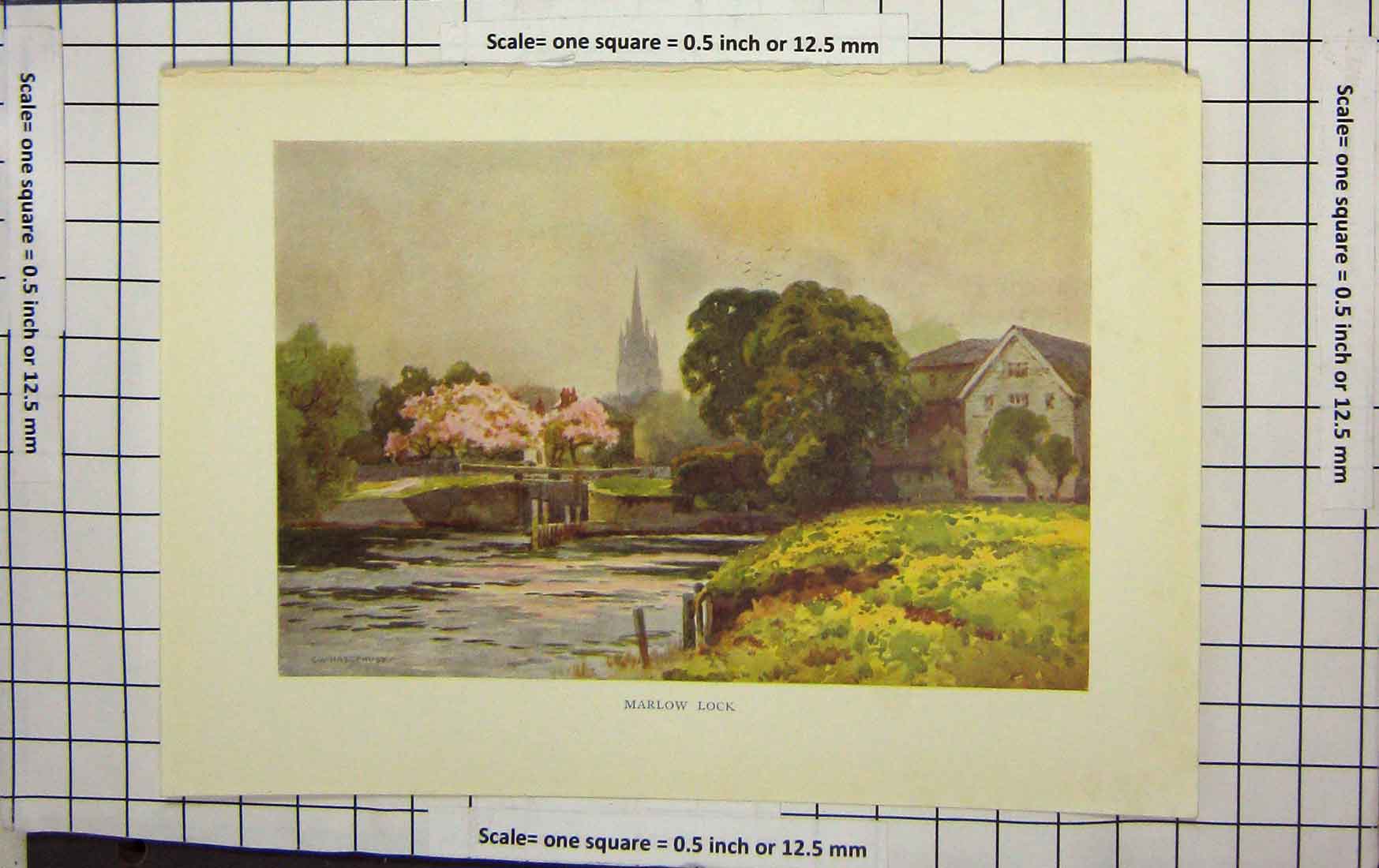 Original Old Antique Print Haslehust Colour View Marlow Lock Church River