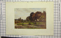 Original Old Antique Print Colour View Corner Esher Common Trees Lake