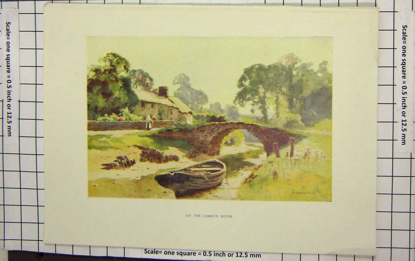Original Old Antique Print Haslehust Colour Scene Lerryn River Bridge
