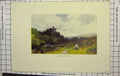 Original Old Antique Print Colour View Okehampton Castle Countryside Hills