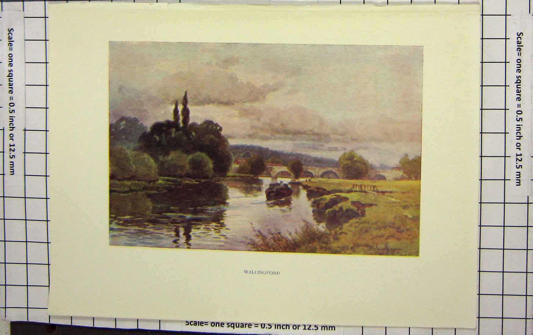 Original Old Antique Print Haselhust Colour View Wallingford River Bridge