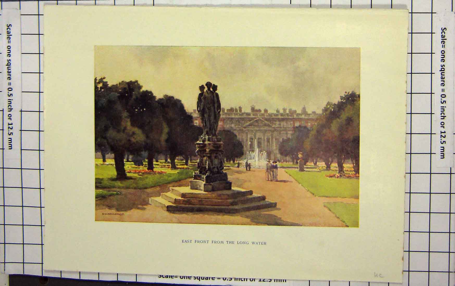Original Old Antique Print Haselhust Colour Buckingham Palace London Statue