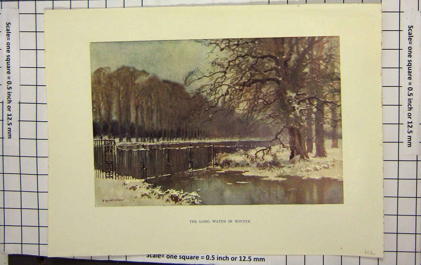 Original Old Antique Print Haselhust Colour Long Water Winter Snow