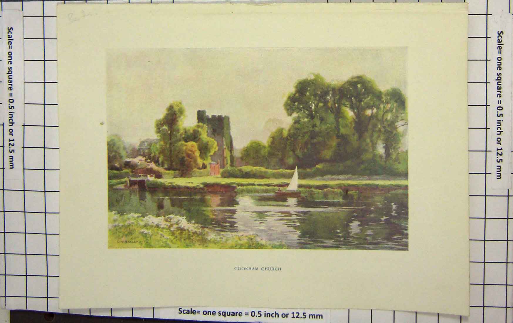 Original Old Antique Print Haselhust Colour Cookham Church River Boat