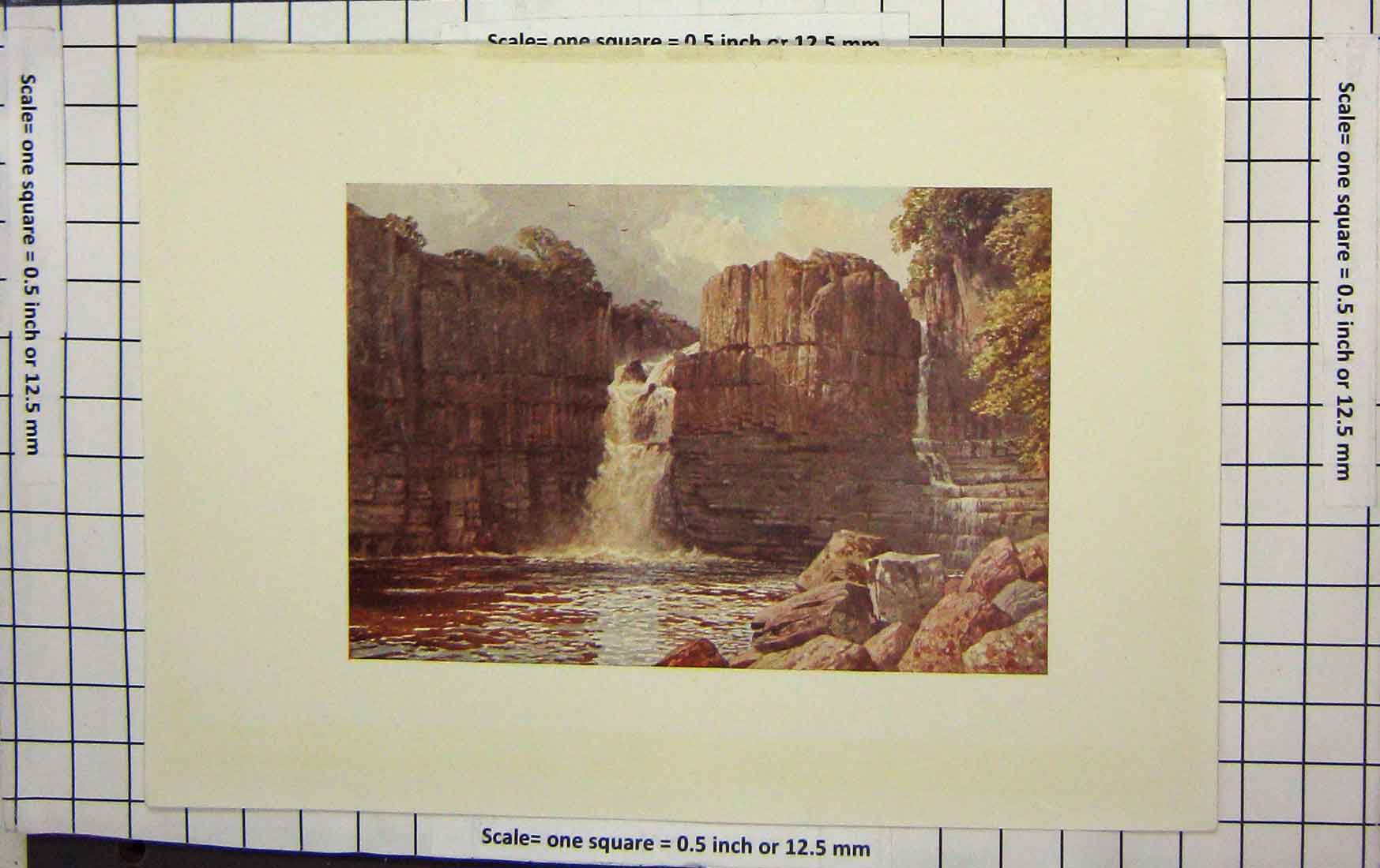Original Old Antique Print Colour Waterfall River Tees Cliffs
