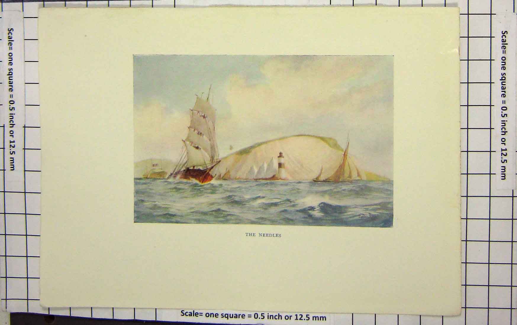Original Old Antique Print Colour Scene Needles Sailing Ships Cliffs England