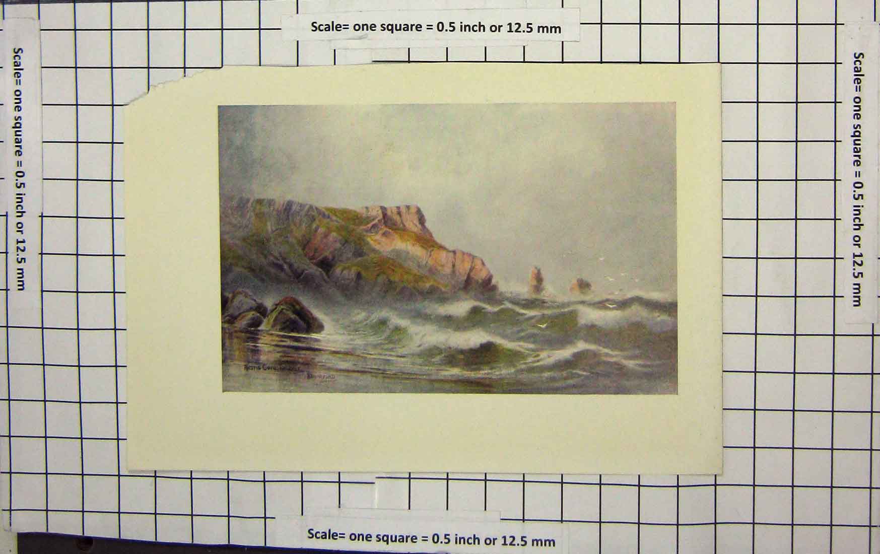 Original Old Antique Print Colour Stormy Sea Torquay Ciffs