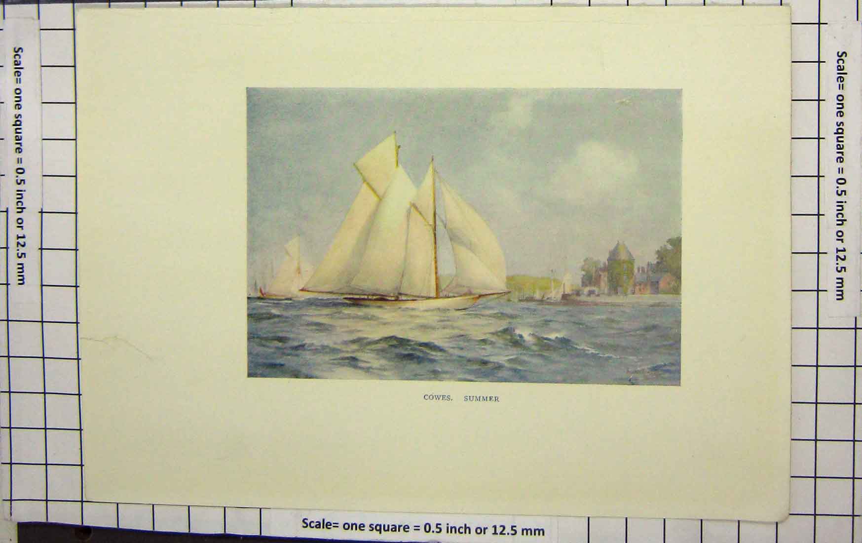 Original Old Antique Print Colour View Cowes Regatta Yachts Sailing England