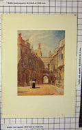 Original Old Antique Print Colour Street Scene Houses Architecture
