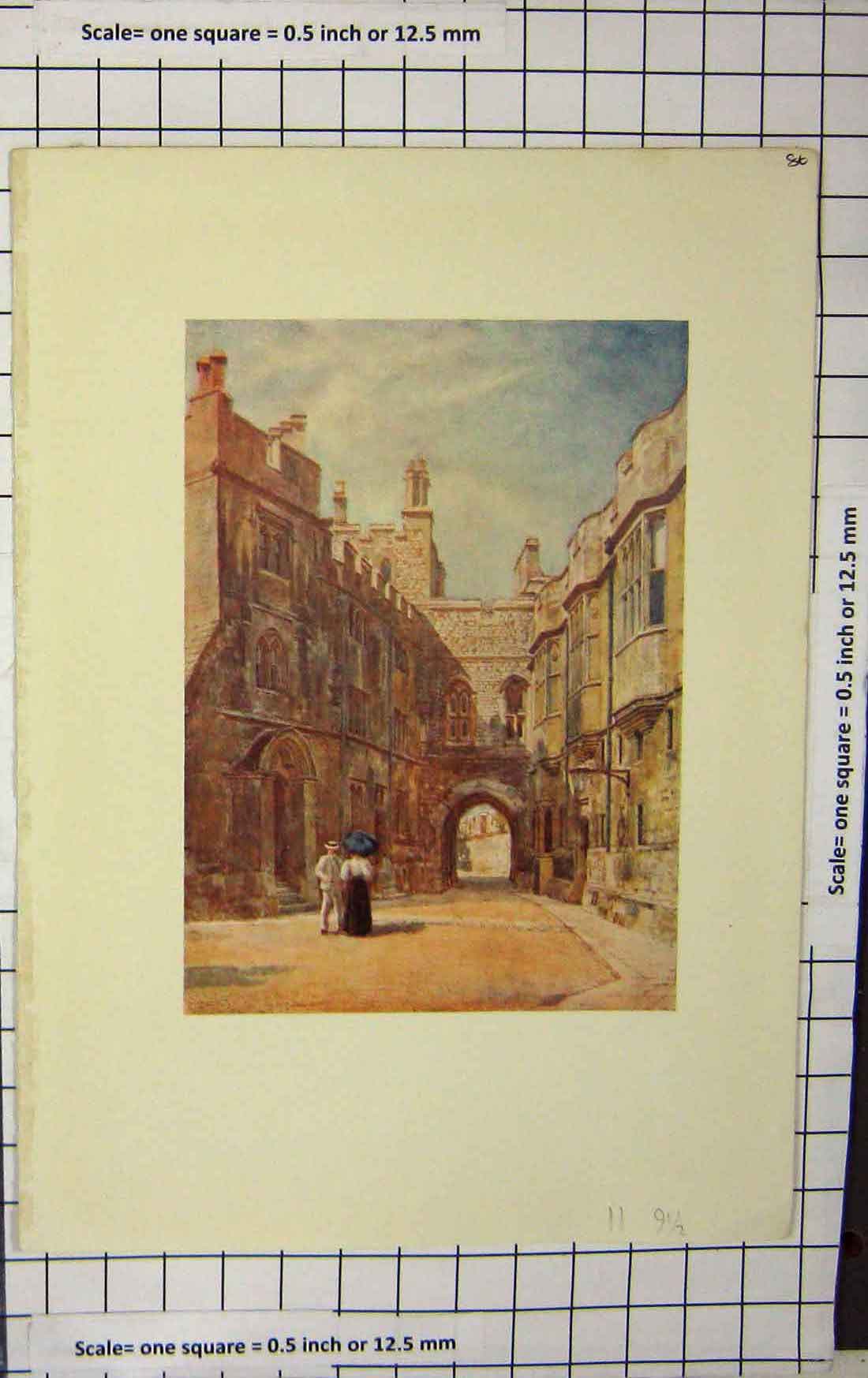 Original Old Antique Print Colour Street Scene Houses Architecture