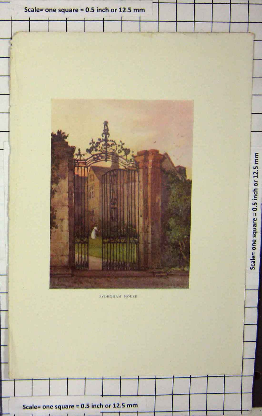 Original Old Antique Print Colour Exterior Gate Sydenham House