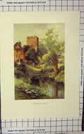 Original Old Antique Print Haslehust Colour View Monnington Church River 19th