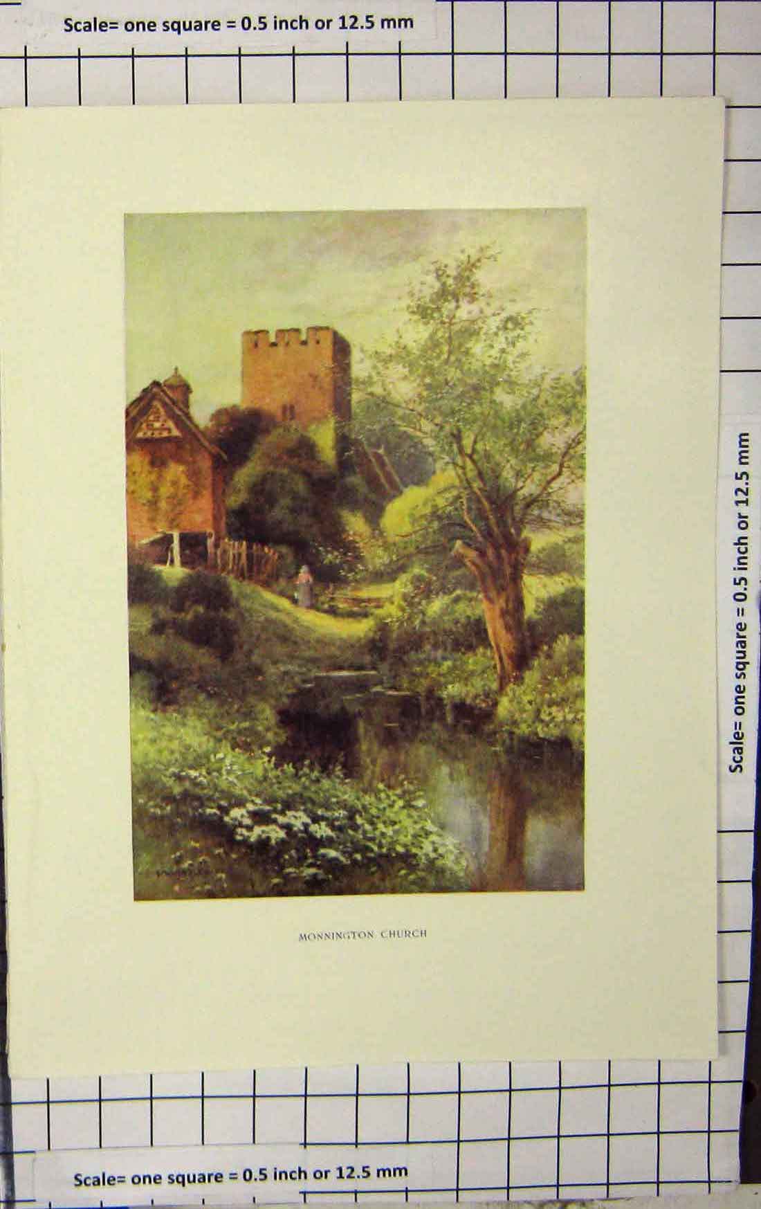 Original Old Antique Print Haslehust Colour View Monnington Church River 19th