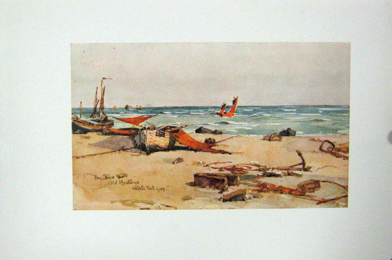 Original Old Antique Print Colour View Hastings Shore Beach 1904 Boats 20th