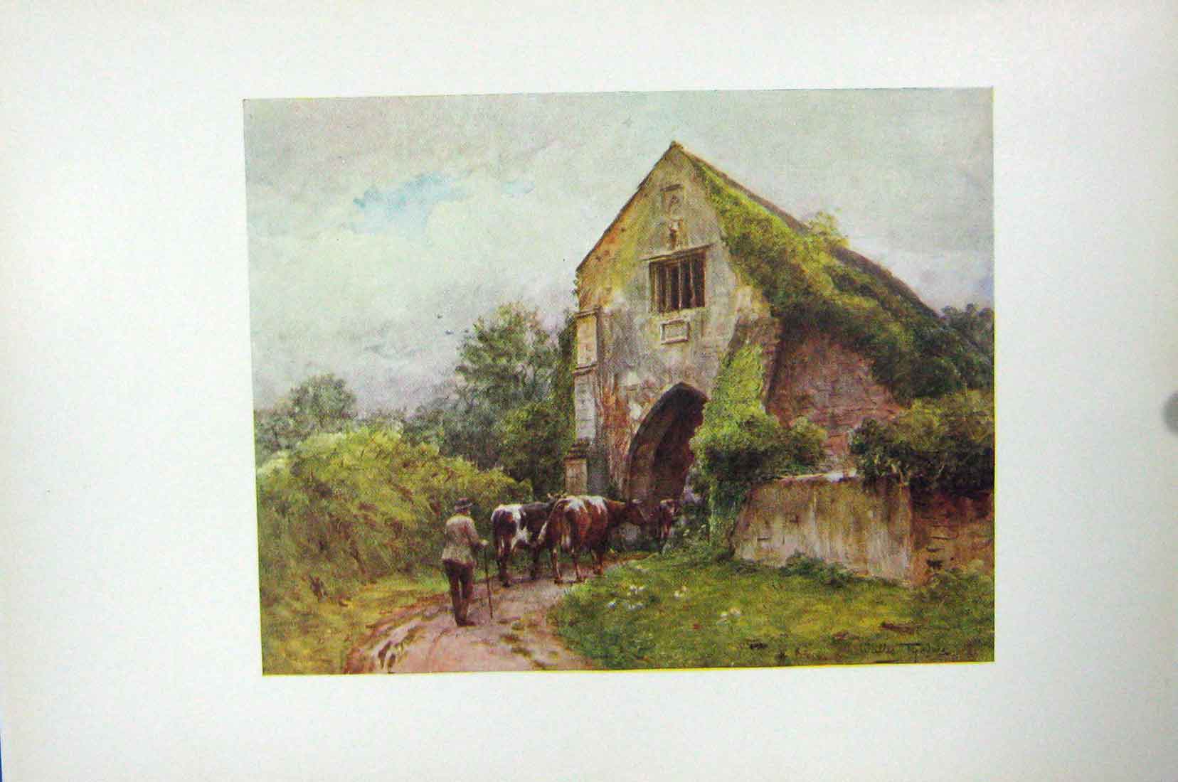 Original Old Antique Print Colour View Entrance Gate Cleeve Abbey England