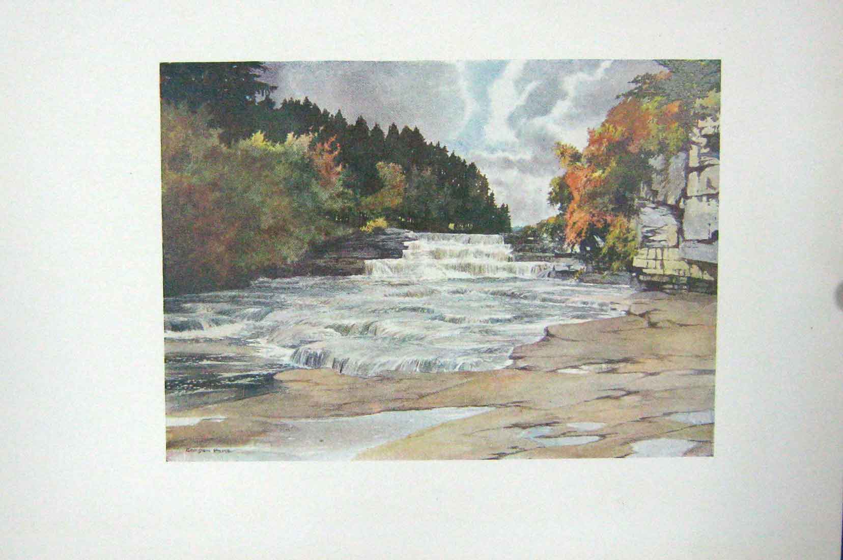 Original Old Antique Print Colour River Ure Aysgarth Force Wensleydale