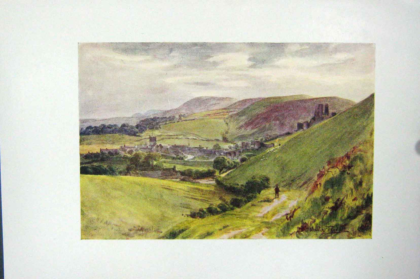 Original Old Antique Print Colour Corfe Castle Nine Barrow Down England