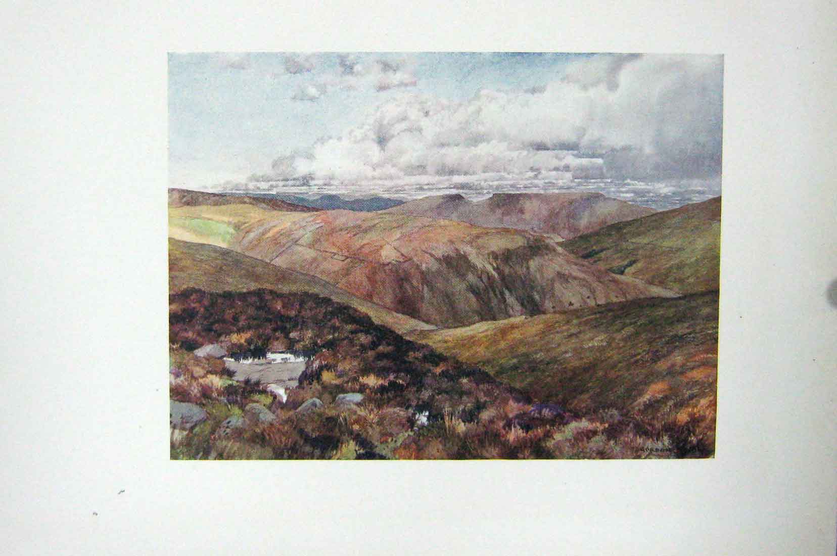 Original Old Antique Print Colour Rugged View Wensleydale Mountains
