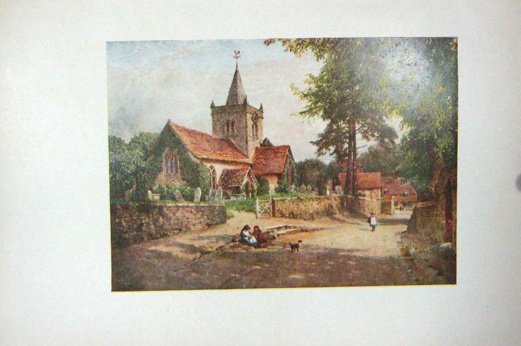 Original Old Antique Print Colour View Witley Church Churchyard Street