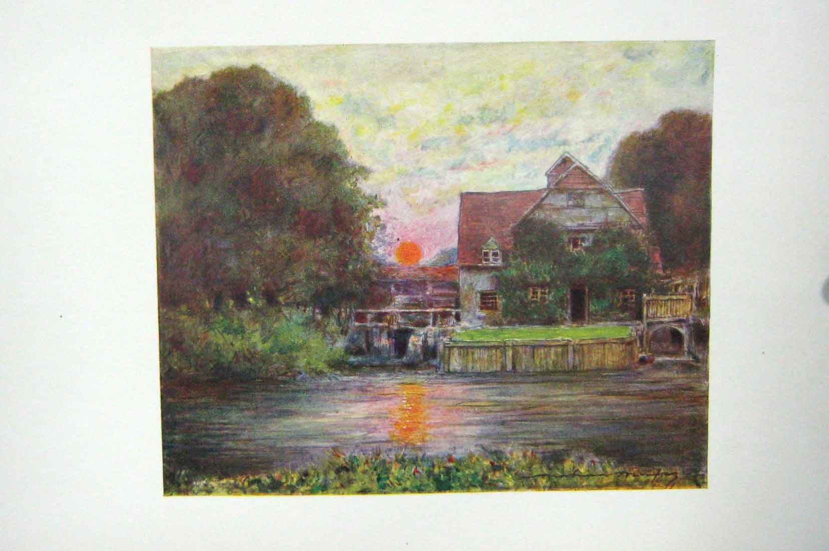 Original Old Antique Print Colour View Mapledurham Mill Lake Sunlight