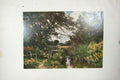 Original Old Antique Print Colour View Chobham Man Fishing River Trees