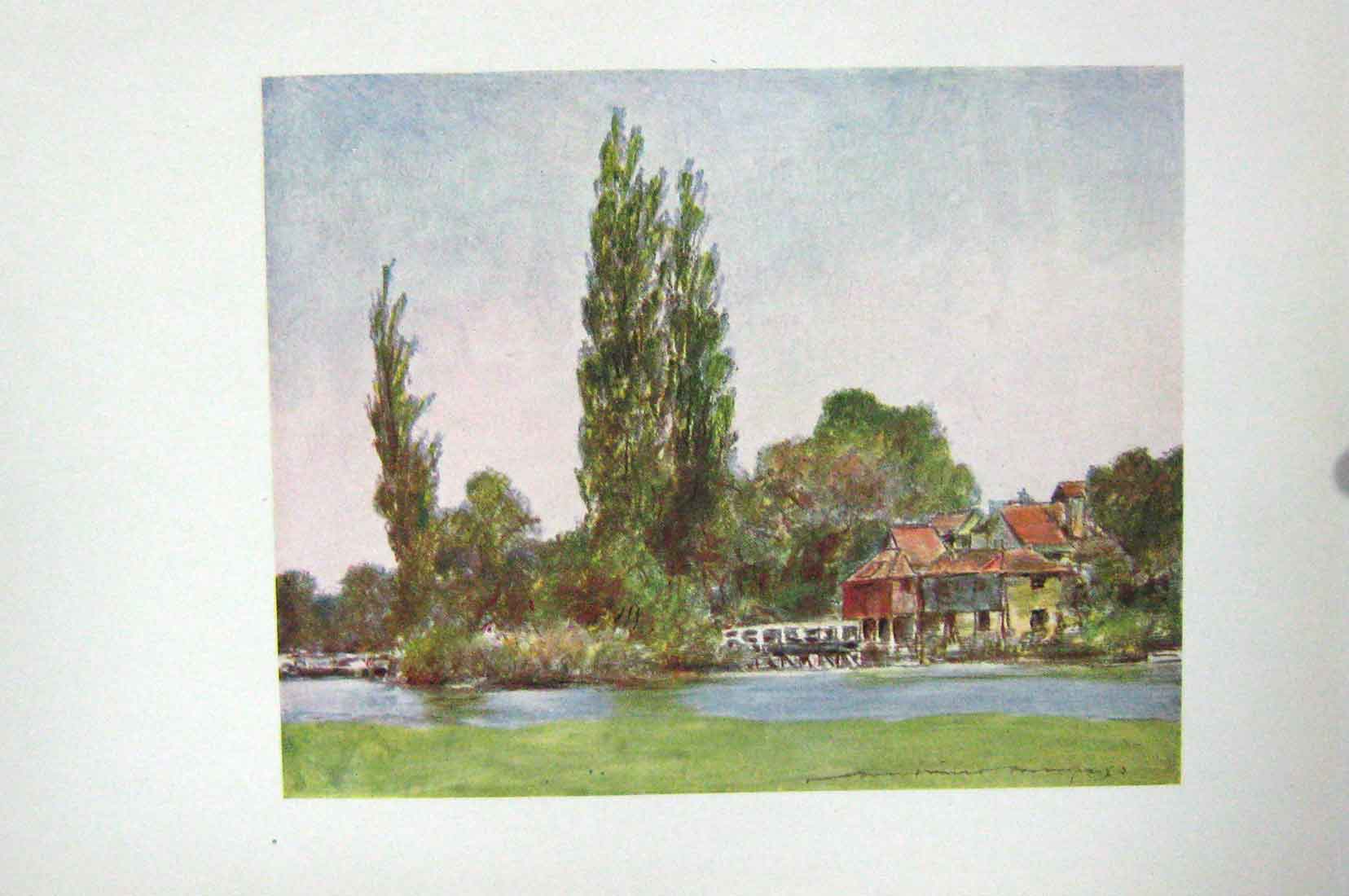 Original Old Antique Print Colour View Iffley House Mill Trees River