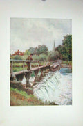 Original Old Antique Print Colour View Wooden Weir Foot-Bridge Man River