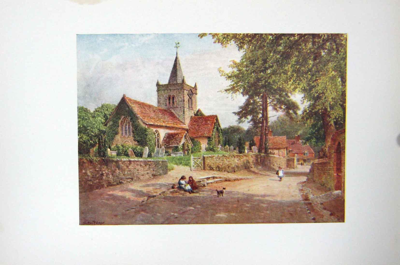 Original Old Antique Print Colour View Whitley Church Street Children