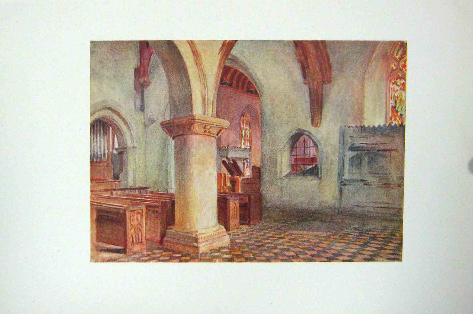 Original Old Antique Print Colour Interior Church Bere Regis Architecture