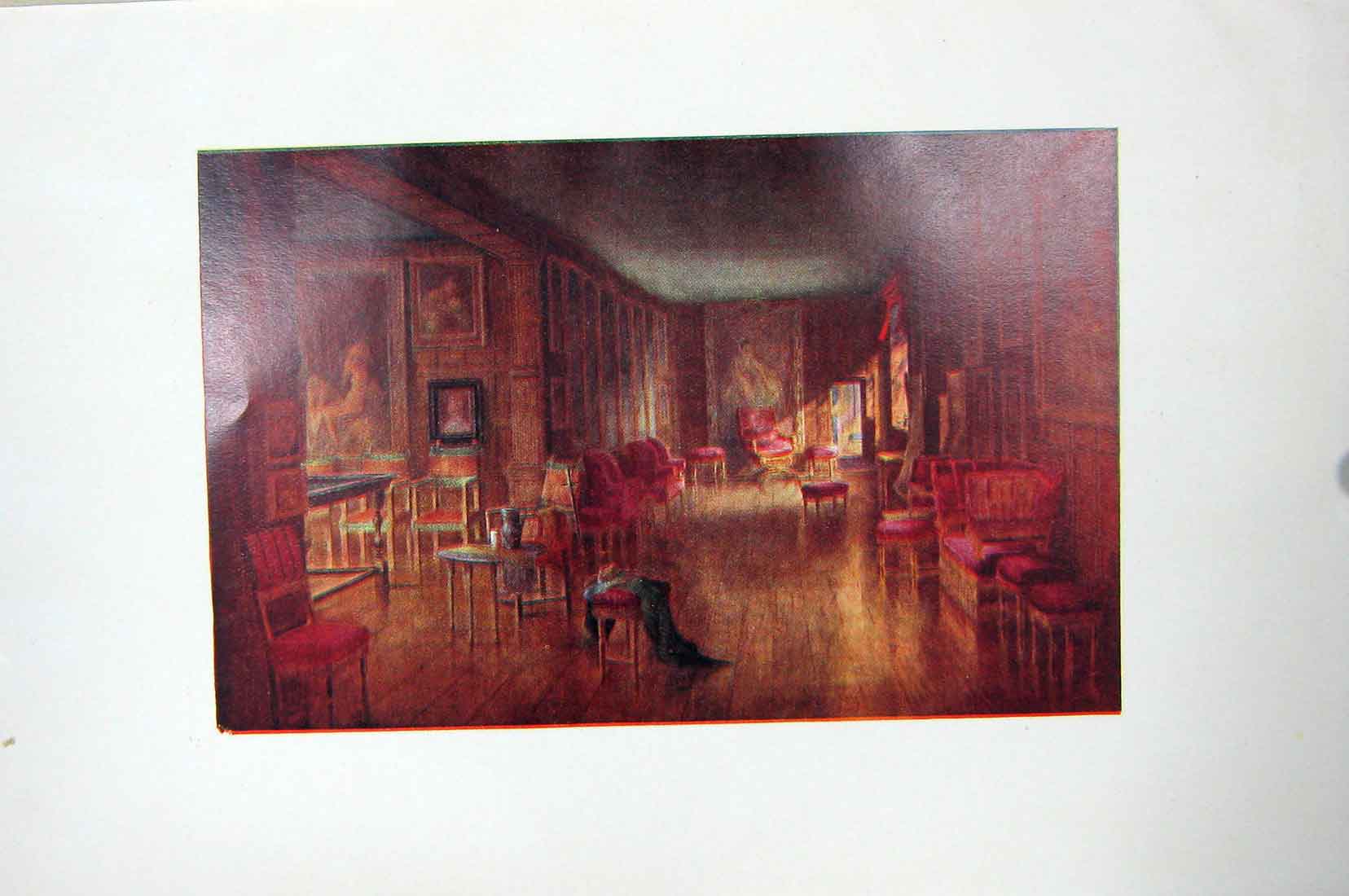 Original Old Antique Print Colour Interior Leicester Gallery Knole