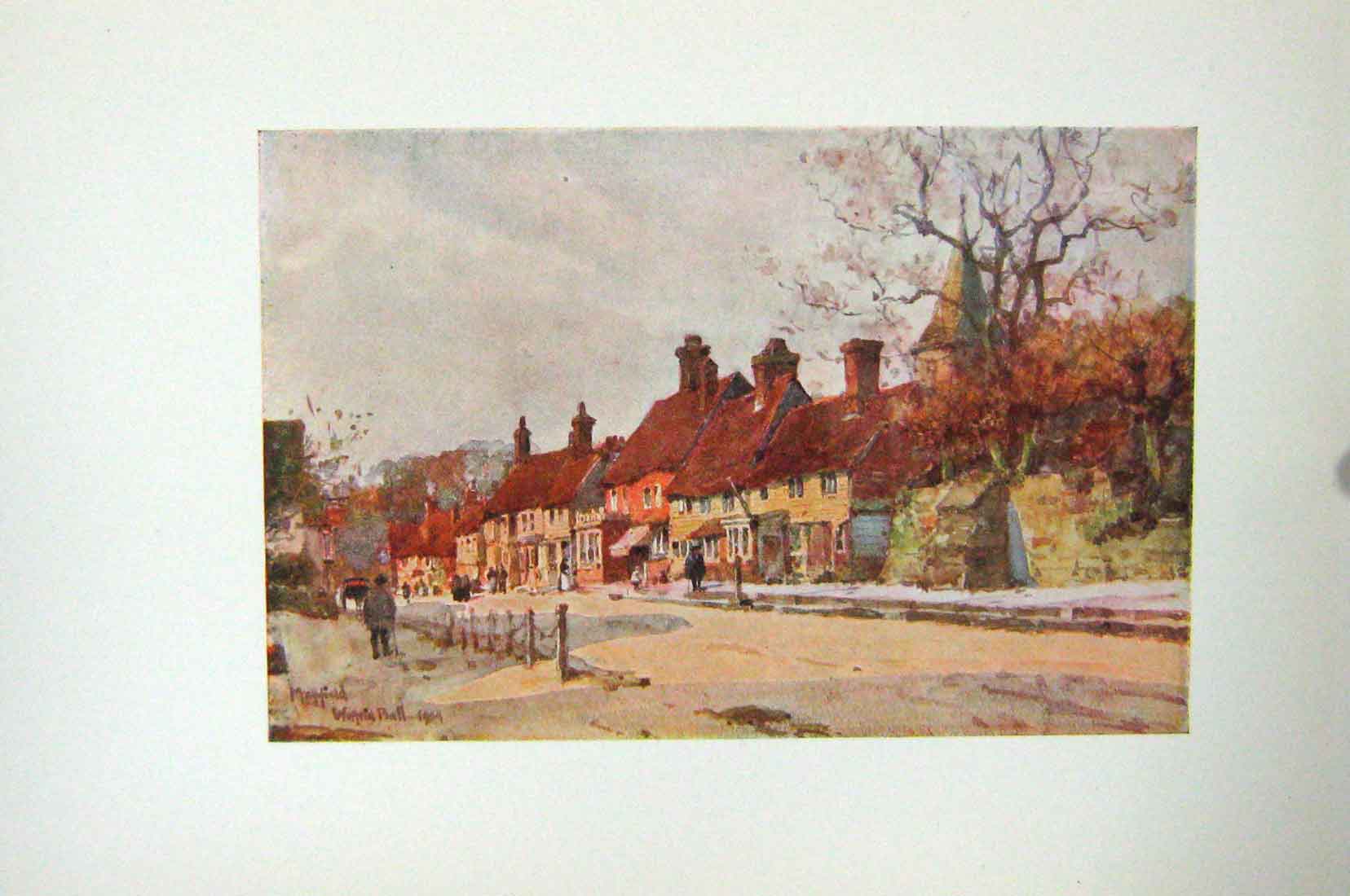 Original Old Antique Print Colour View Mayfield 1904 Street Houses 20th Century