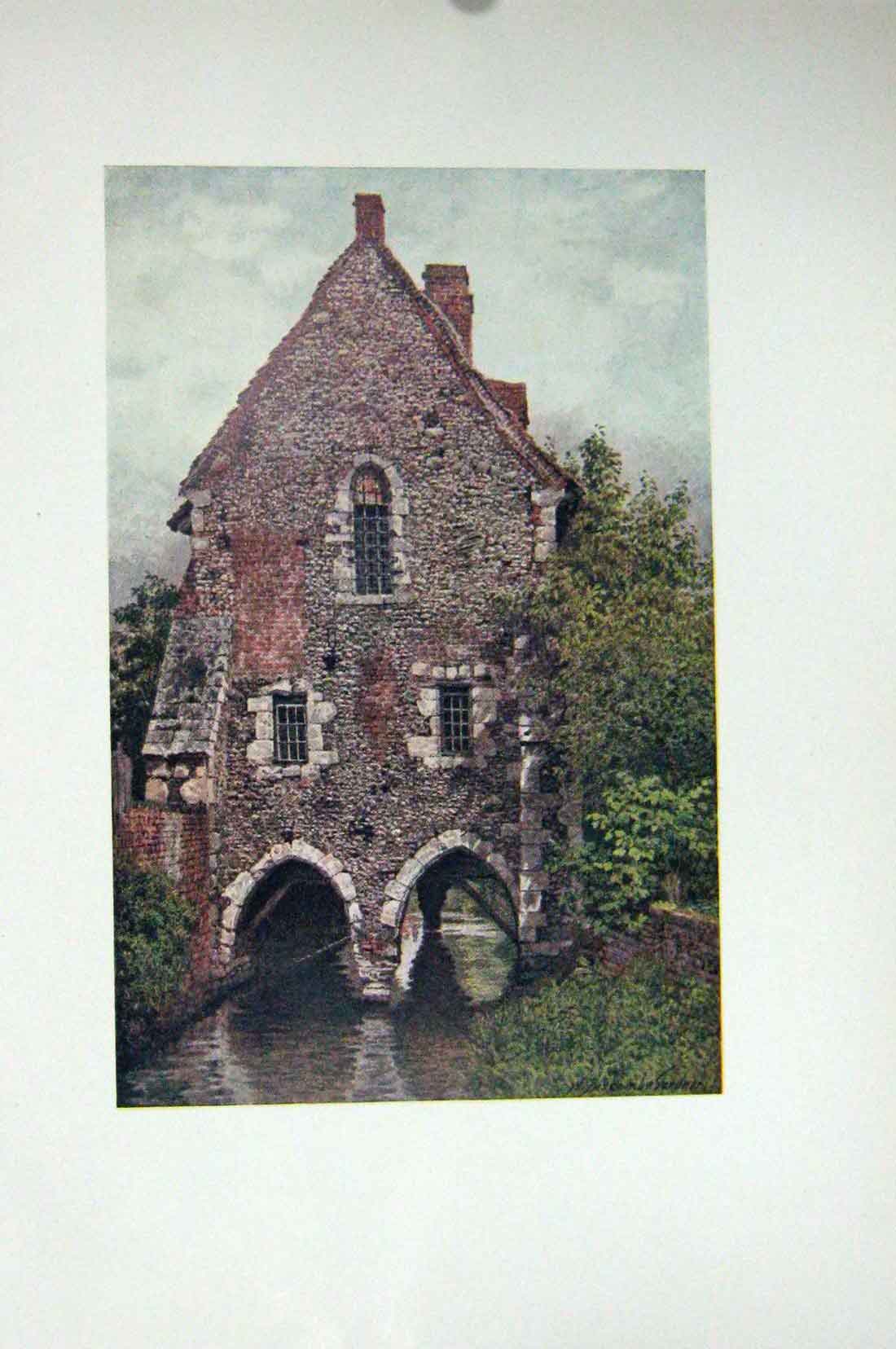 Original Old Antique Print Colour Greyfriars House Canterbury England 20th