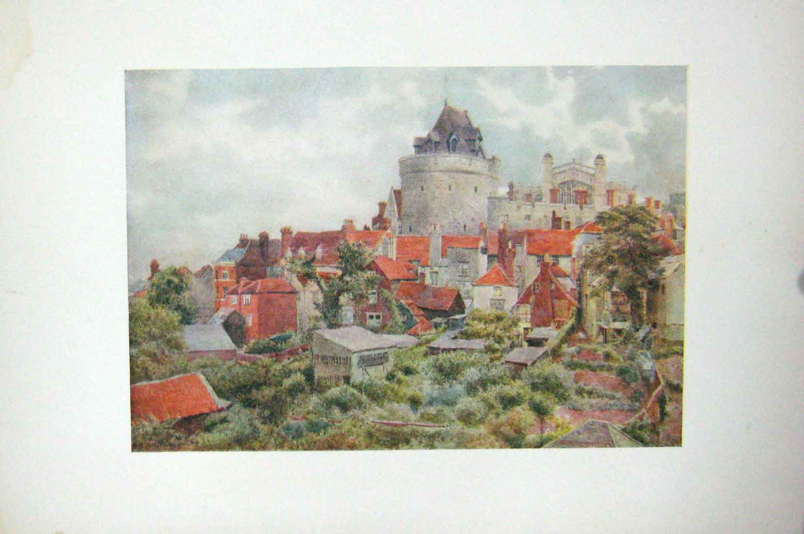 Original Old Antique Print Colour Windsor Castle Curfew Tower Thames Houses