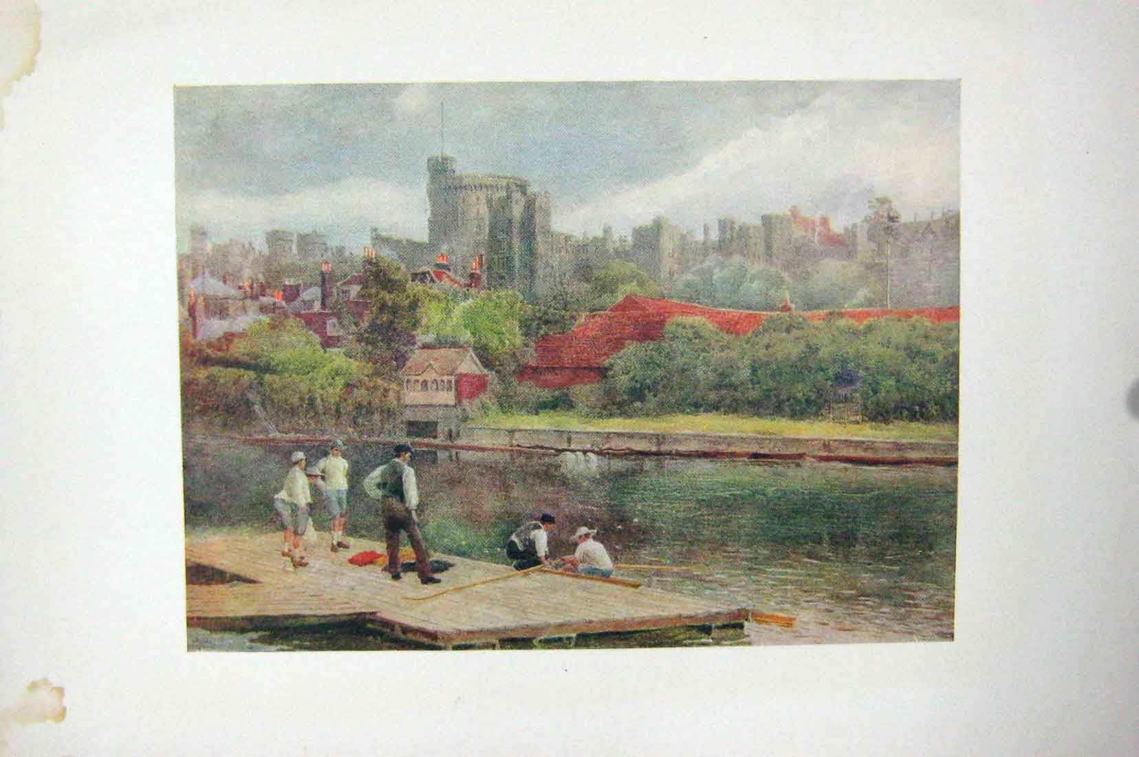 Original Old Antique Print Colour Windsor Castle Eton Shore River Winchester