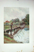 Original Old Antique Print Colour Wooden Weir Foot-Bridge River