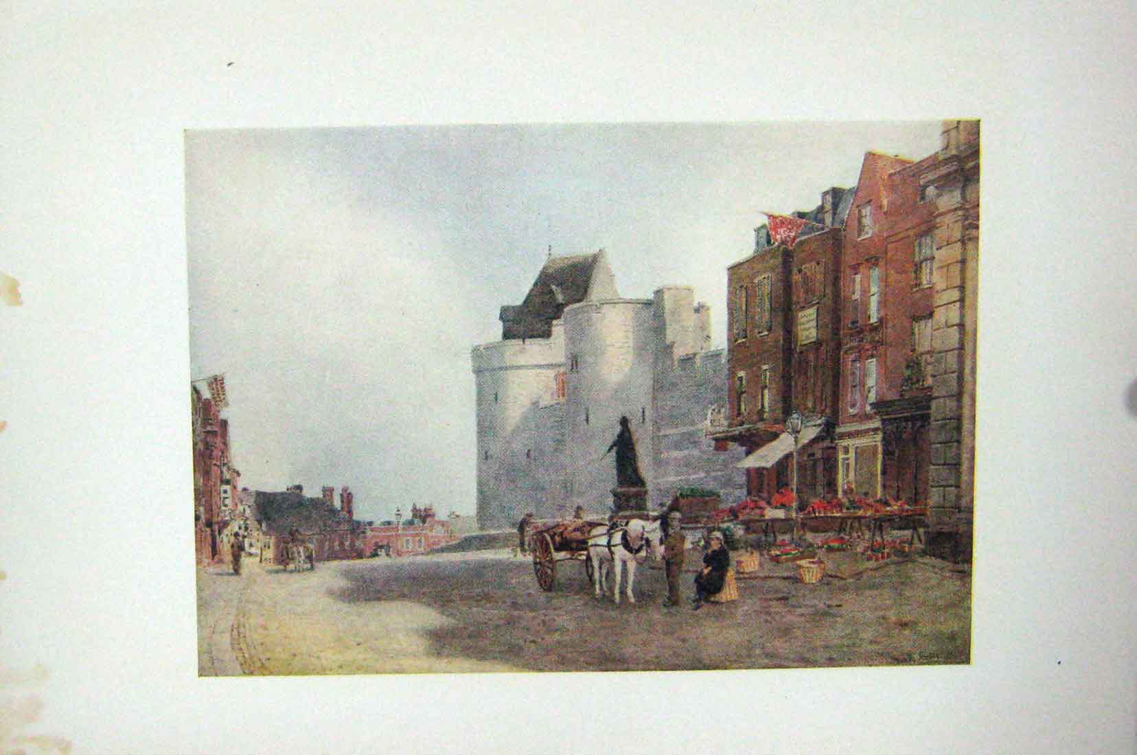 Original Old Antique Print Colour Windsor Market London Curfew Tower