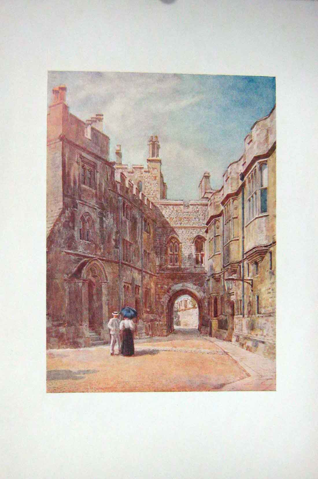Original Old Antique Print Colour Norman Gate Round Tower London England