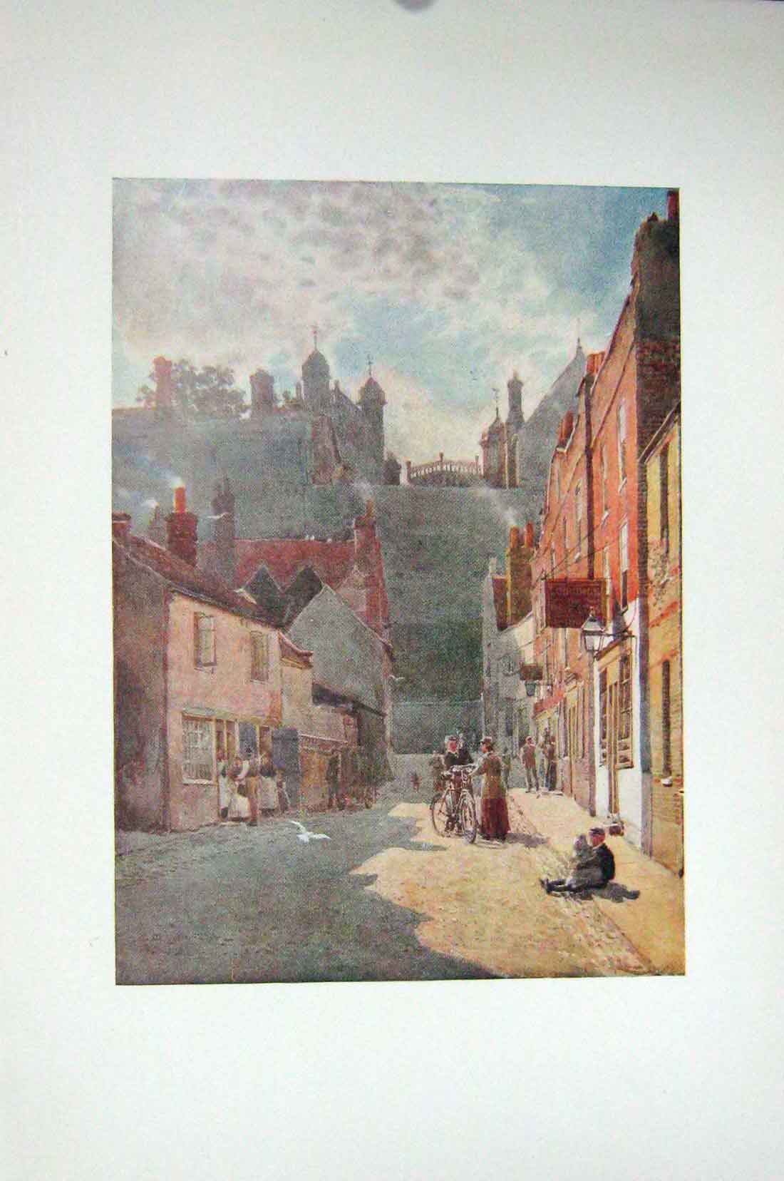 Original Old Antique Print Colour River Street Windsor London Street Scene