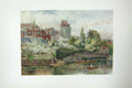 Original Old Antique Print Colour Riverside Gardens Fruit Trees Curfew Tower