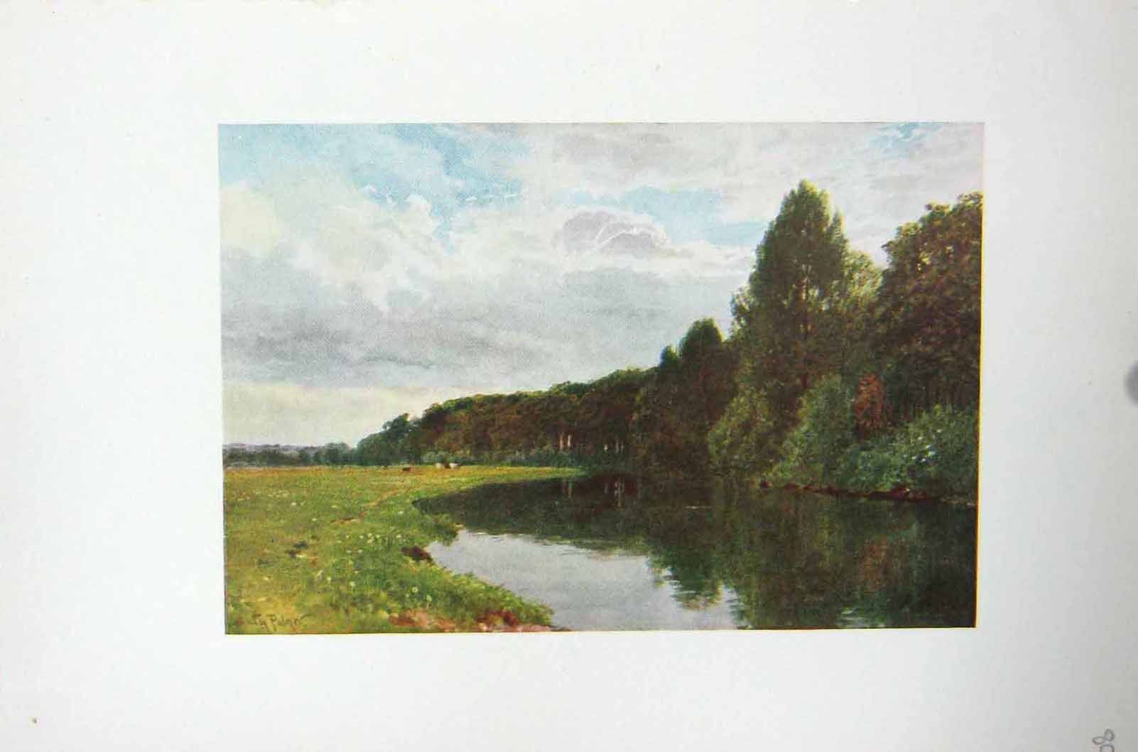 Original Old Antique Print Colour River Wey Ripley England Trees Country