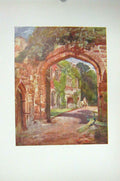 Original Old Antique Print Colour Astley Church Entrance Gate Peacocks