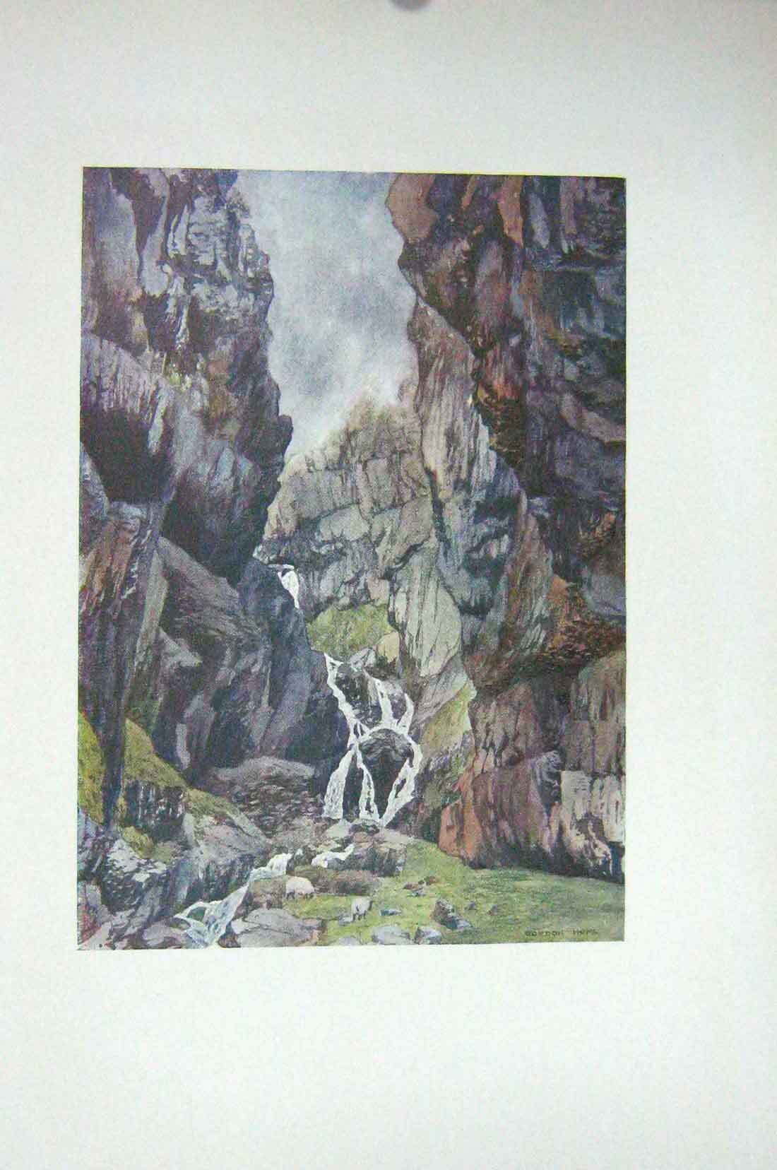 Original Old Antique Print Colour Gordale Scra Yorkshire England Aire Stream