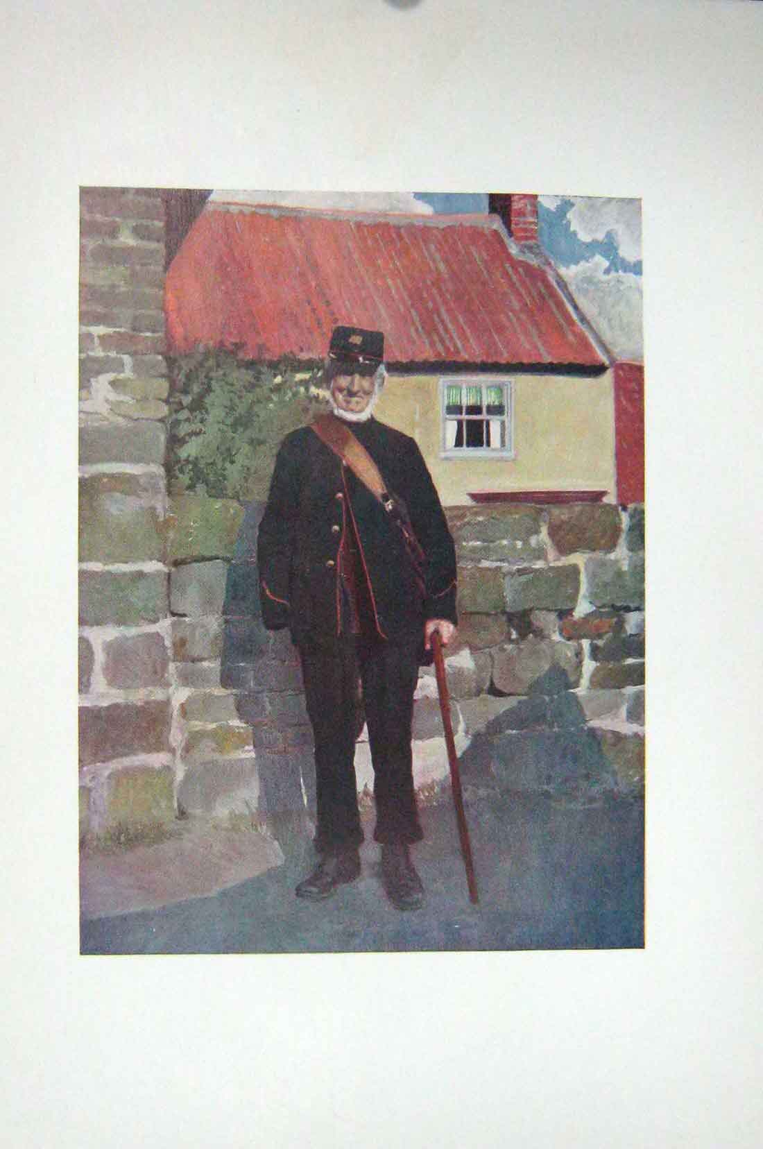 Original Old Antique Print Colour Portrait Yorkshire Postman England