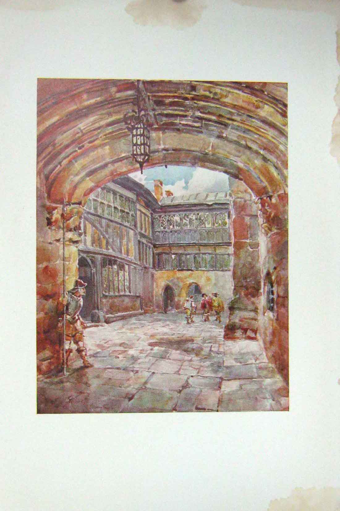Original Old Antique Print Colour Courtyard St. Mary'S Hall Coventry England